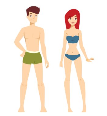 Beautiful vector cartoon nude couple fashion without clothes models look standing over background