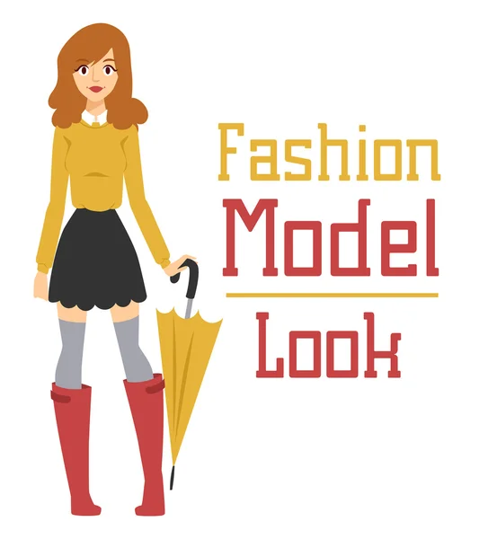 Linda vetor desenho animado moda menina modelo construtor olhar de pé sobre fundo branco — Vetor de Stock