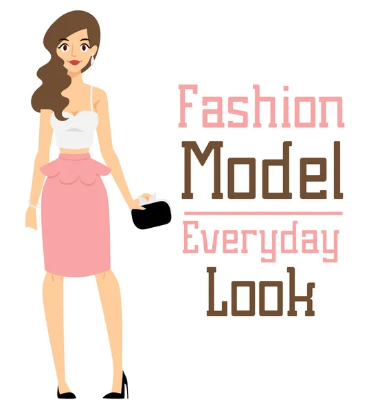 Beautiful vector cartoon fashion girl model constructor  look standing over white background — Stock Vector