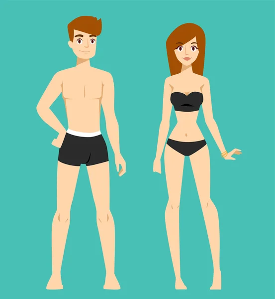Beautiful vector cartoon nude couple fashion without clothes models look standing over background — ストックベクタ