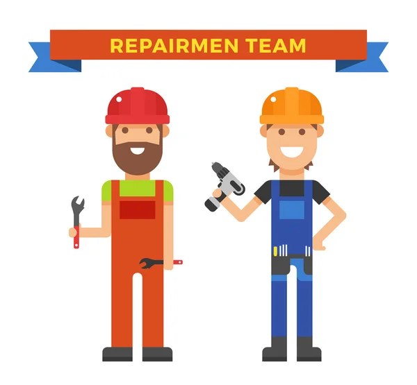 Cartoon workers couple and tools under construction vector illustration — Stockový vektor