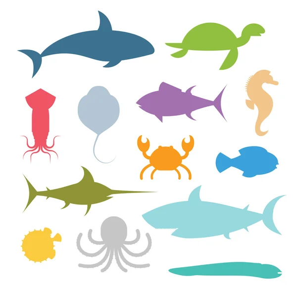 Conjunto vectorial de peces marinos e iconos de animales — Vector de stock