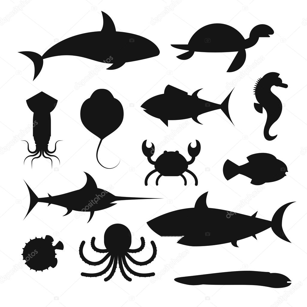 Vector black icons set of sea marine fish and animals