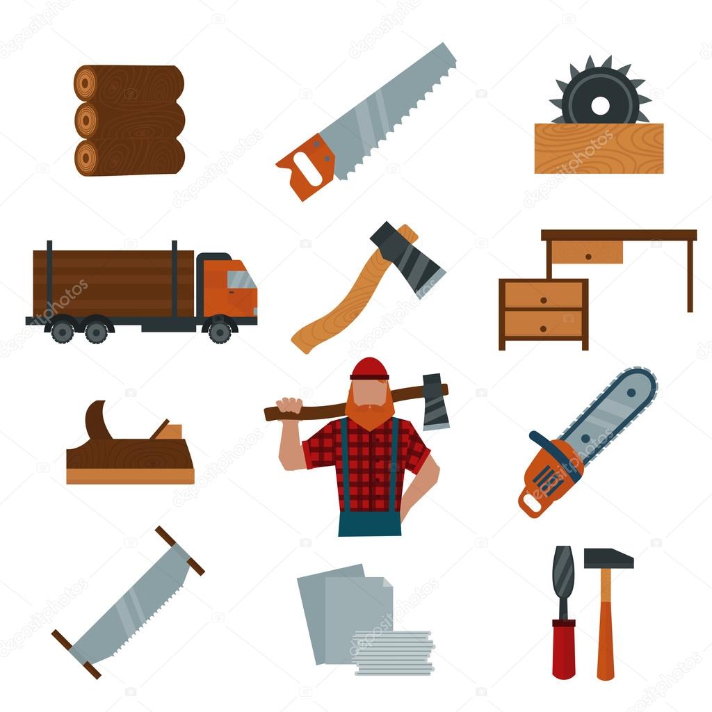 Lumberjack cartoon character with lumberjack tools icons vector illustration