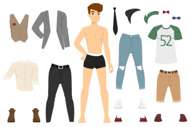 Beautiful vector cartoon fashion boy model constructor  look standing over white background