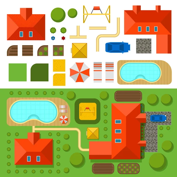 Plan of private house with garden, pool and car vector illustration — Stock Vector