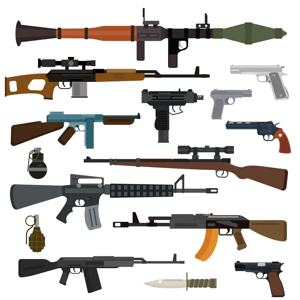 Colección de vectores de armas. Pistolas, metralletas, rifles de asalto y francotirador, cuchillo, granada — Vector de stock