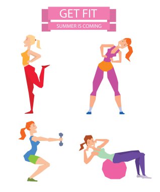 Cartoon sport gym people group exercise on fitness ball