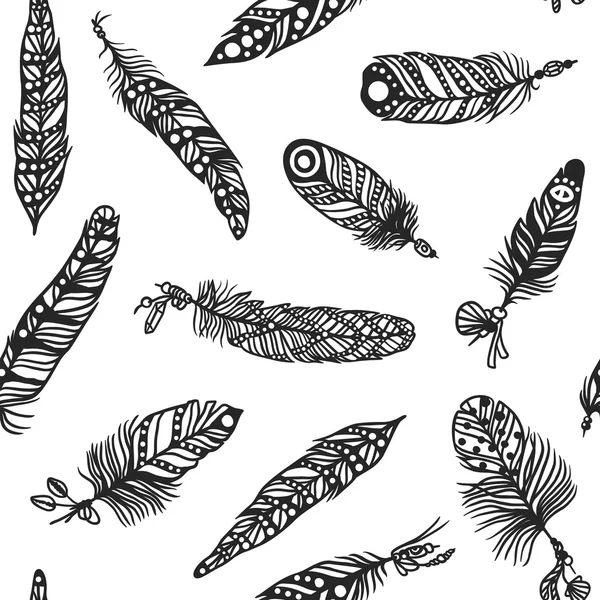 波西米亚风羽毛手绘效果矢量风格无缝模式图 — 图库矢量图片
