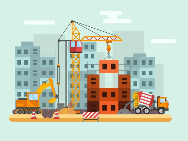 Building under construction, workers and construction technical vector illustration — Stock Vector