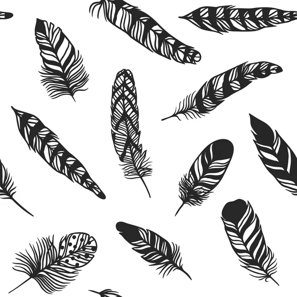 波西米亚风羽毛手绘效果矢量风格无缝模式图 — 图库矢量图片