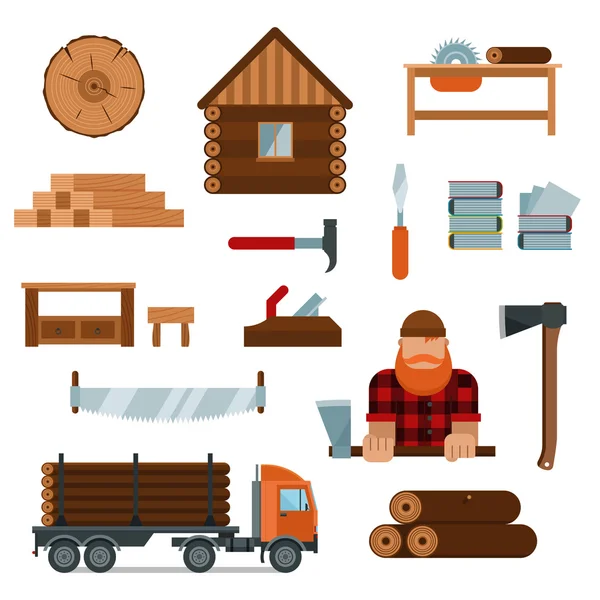 Personagem de desenho animado Lumberjack com ferramentas de lenhador ícones ilustração vetorial — Vetor de Stock