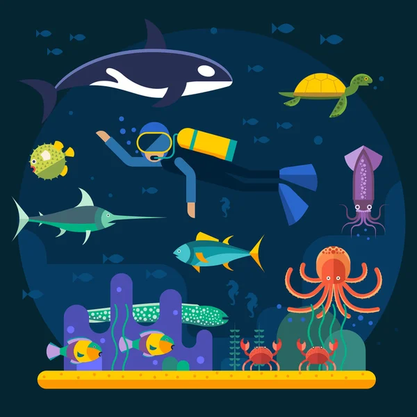 Scuba diving dengan ikan dan terumbu karang vektor ilustrasi - Stok Vektor