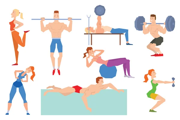 Cartoon sport gym people group exercise on fitness ball — Wektor stockowy