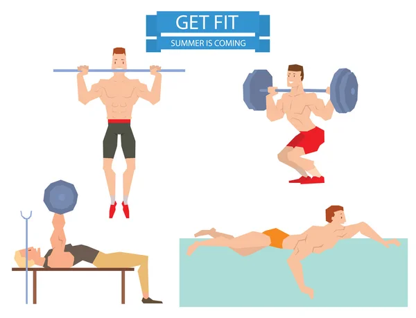 Cartoon sport gym people group exercise on fitness ball — 스톡 벡터