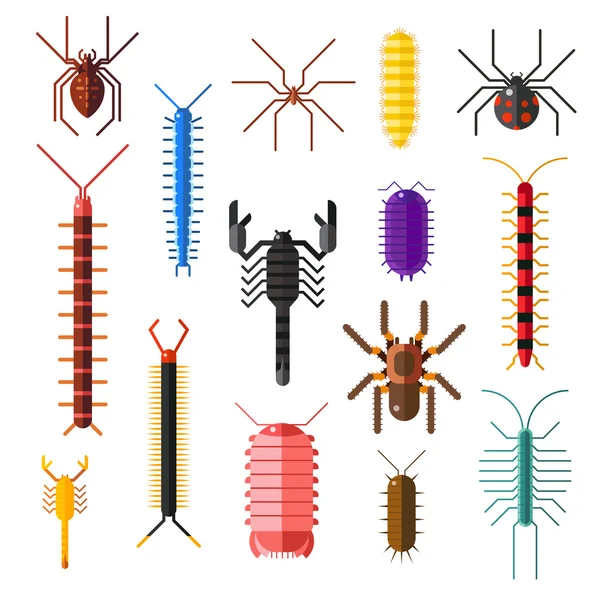 Αράχνες και σκορπιοί επικίνδυνα έντομα ζώα γελοιογραφία επίπεδη εικονογράφηση φορέας — Διανυσματικό Αρχείο