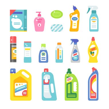 House cleaning hygiene and products flat vector icons set