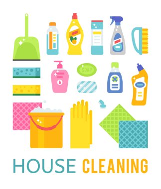 House cleaning hygiene and products flat vector icons set