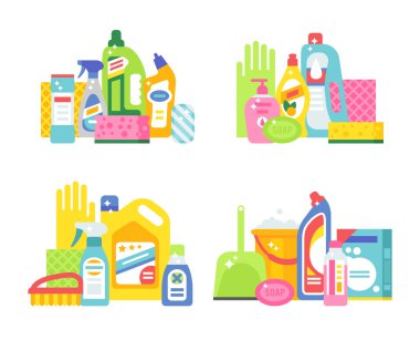House cleaning hygiene and products flat vector icons set