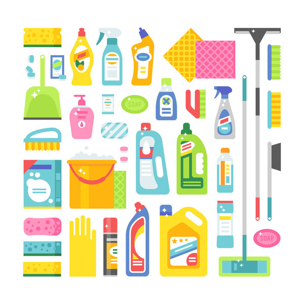 House cleaning hygiene and products flat vector icons set