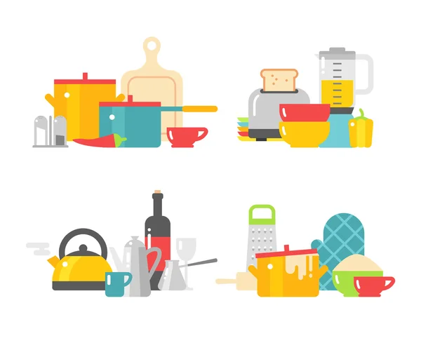 Kitchen dishes vector flat icons isolated on white background — Stock Vector