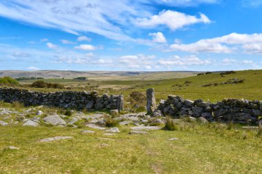 Batı Dart Vadisi ve güzel mavi gökyüzü bulutlu bir günde sağlam bir sınır duvarı, Dartmoor Ulusal Parkı, Devon, İngiltere, İngiltere