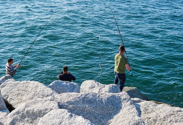 stock image brixham, devon. May 31, 2021. A happy men with two friends fishing in brixham in devon with four fish on his fishing pod. relax on nature. happy fishermen friendship. Good day for fishing. many fish on fishing pod.