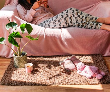 Kanepede oturmuş kitap okuyan bir kadın. Pembe fincanda çay, pembe terlik ve halıda pembe tavşan oyuncağıyla. Alocasia Stingray bitkisi. hygge konsepti.