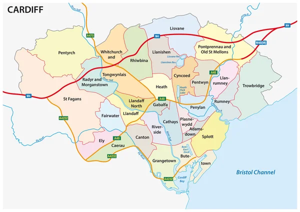 Mapa administrativo y político de la capital galesa Cardiff — Vector de stock