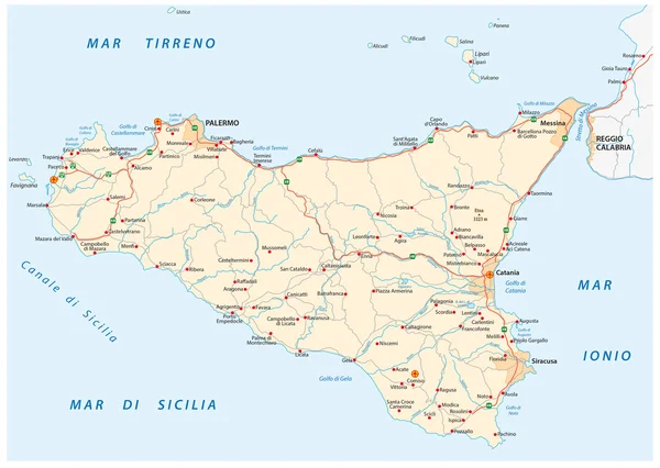Sycylia Wyspy Mapa drogowa, Włochy — Wektor stockowy