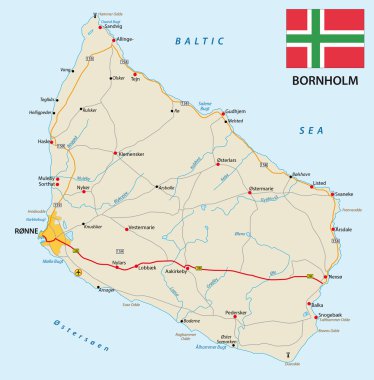 road map of the Danish island bornholm in the Baltic sea with flag clipart