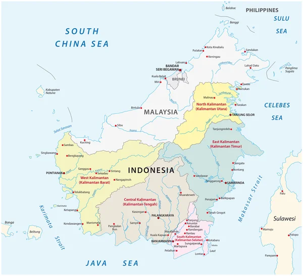 Administrativa och politiska karta av Indonesiens distrikt på ön Borneo / Kalimantan — Stock vektor