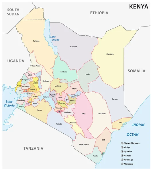 Administrativa och politiska karta över Republiken Kenya — Stock vektor