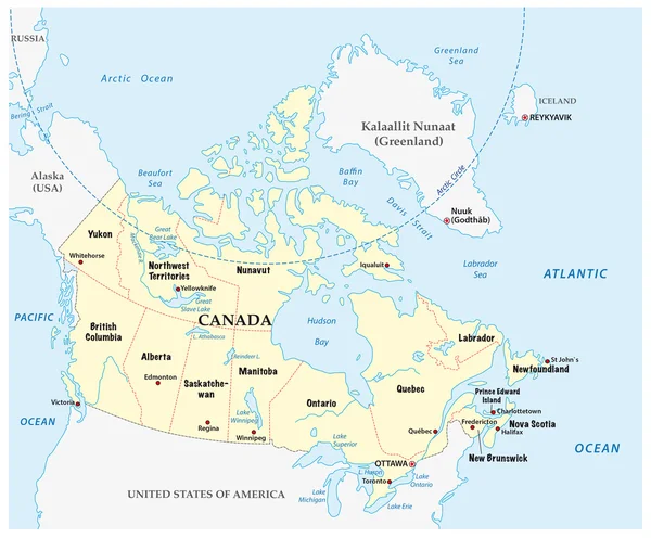 Mapa de Canadá con provincias y límites — Vector de stock