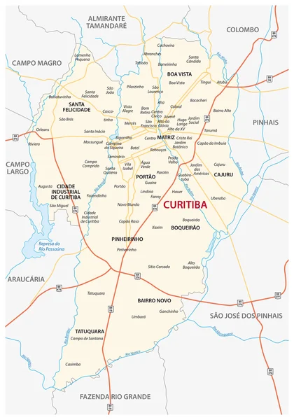 Straßenkarte der brasilianischen Stadt curitiba mit Bezirken und Stadtvierteln — Stockvektor