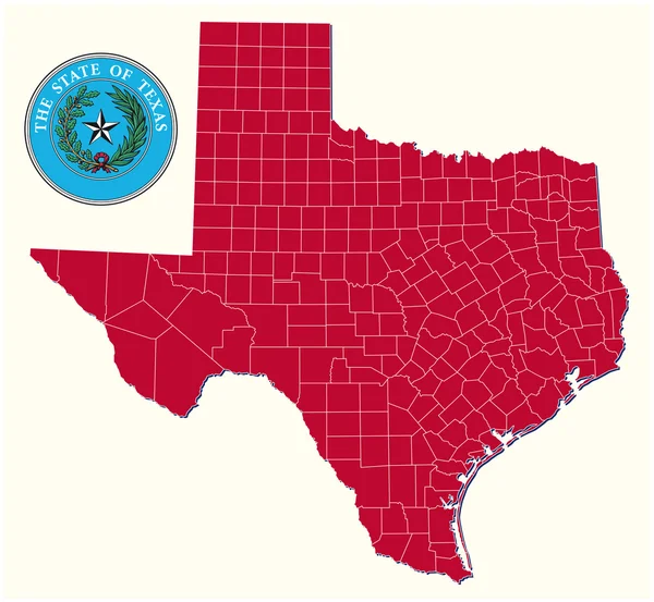 Harta administrativă și politică simplă cu sigiliul statului american Texas — Vector de stoc