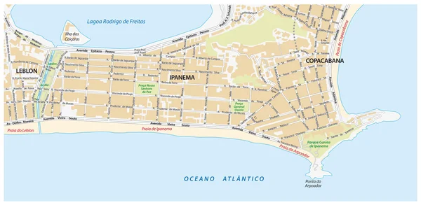 Карта улиц с названиями района Ипанема в Рио-де-Жанейро — стоковый вектор