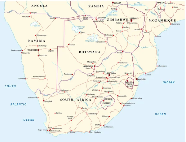 Road map degli stati dell'Africa australe — Vettoriale Stock