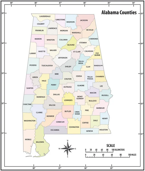 Alabama Staat Overzicht Administratieve Politieke Vector Kaart Kleur — Stockvector