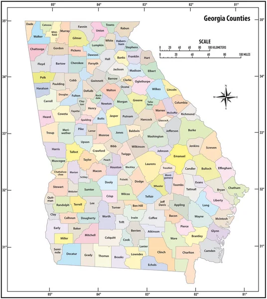 Estado Georgia Esbozar Mapa Vectorial Administrativo Político Color — Archivo Imágenes Vectoriales