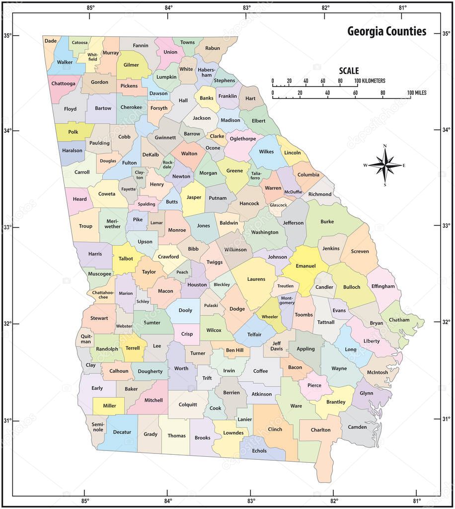 Georgia state outline administrative and political vector map in color
