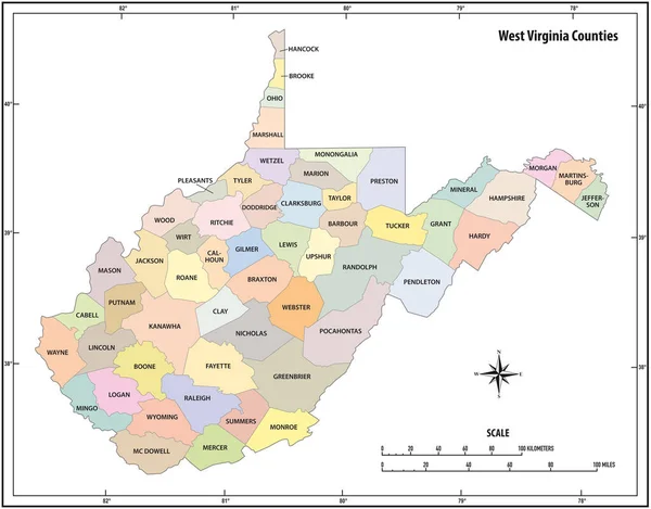 Virginia Ocidental Estado Esboço Mapa Vetorial Cor —  Vetores de Stock