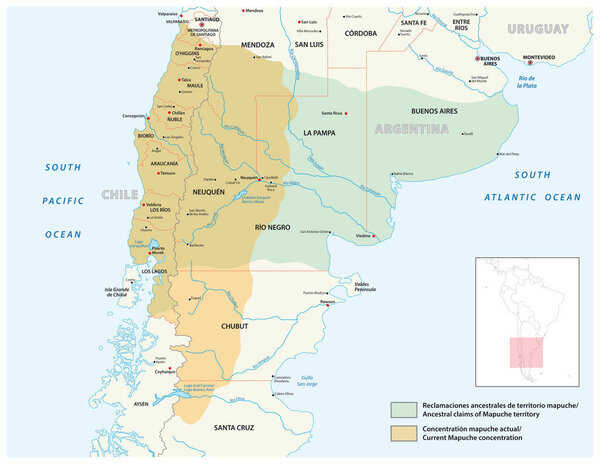 векторная карта населенных пунктов коренных народов Мапуче в Чили и Аргентине