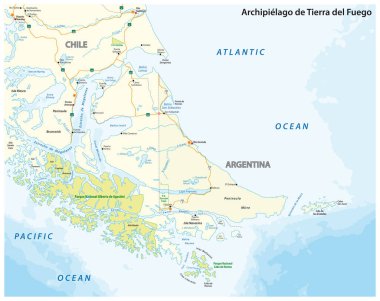 Tierra del Fuego haritası, Güney Amerika 'nın güney ucundaki takımada.