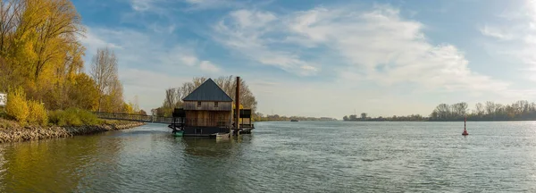 Historický Rhine Řeka Loď Mlýn Ginsheim Hesensko Německo — Stock fotografie