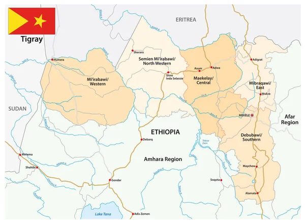 Vägkarta Och Administrativ Vektorkarta Över Tigray Regionen Etiopien — Stock vektor