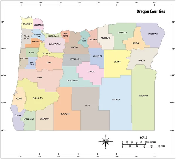 Oregon Eyaleti Idari Siyasi Haritayı Renkli Olarak Özetledi — Stok Vektör