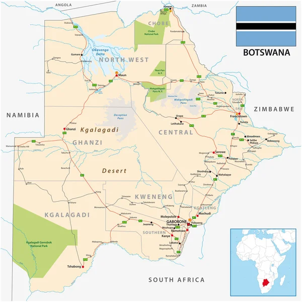 Mapa Carreteras Vectores Administrativos Botswana — Vector de stock