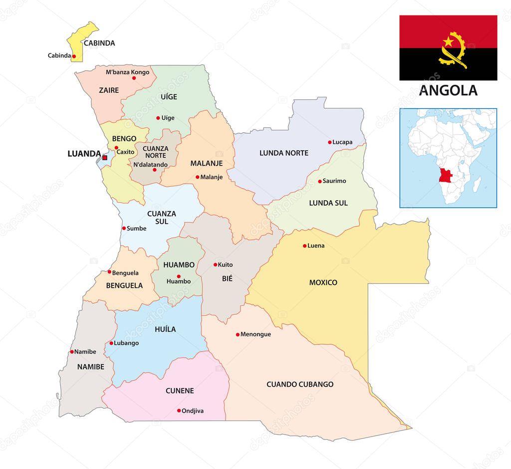 administrative vector map of Republic of Angola with flag