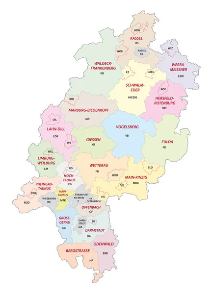 ドイツの車両登録プレートとヘッセン地区のベクトルマップ — ストックベクタ